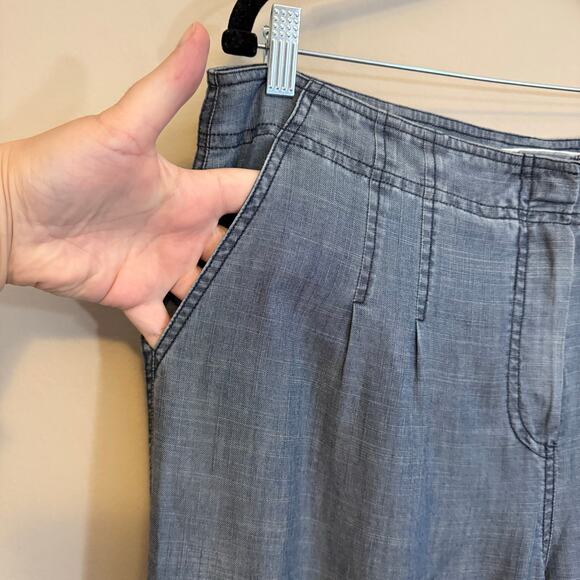 Trina Turk Chambray Pants Womens 37 Blue Linen Blend High Rise Frayed Hem Casual - Picture 5 of 8